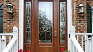 Custom Entry Door with Decorative Glass and Transom Windows installed by Kelly Window & Door