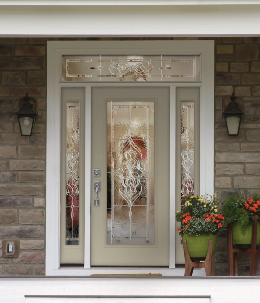 beautiful wood door replacement on entry door with grey color and decorative glass